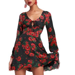 Free People‎ Black Red Floral Polka Dot Long Sleeve Mini Dress Size 6